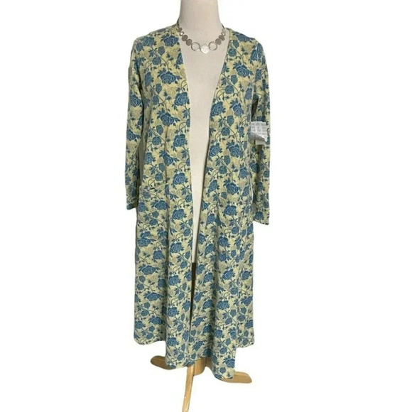 Lularoe S Sarah yellow with‎ blue floral cardigan duster with pockets - Picture 2 of 6